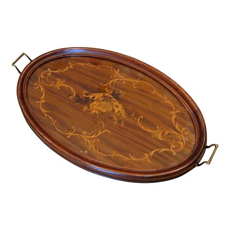 1920s Antique Marquetry Mahogany Wood Serving Tray | Chairish