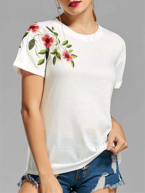 [84% OFF] Flower Embroidered T-shirt | Rosegal