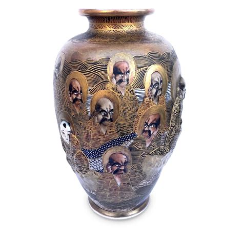 19thc. Japanese Ceramic Satsuma Vase with Raised Rakan Saints Buddhism – Mission Gallery Antiques