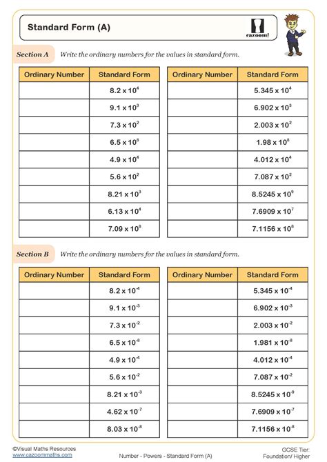 Standard Form (A) Worksheet | Printable Maths Worksheets