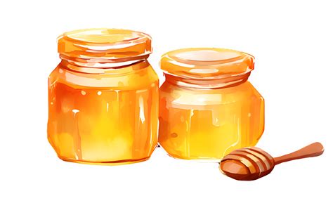 a watercolor honey jar with a lid and a bee on a transparent background ...