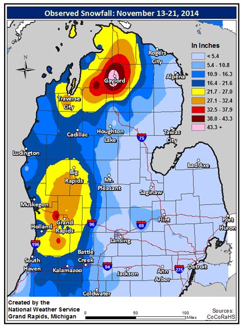 Upper Peninsula Annual Snowfall Map