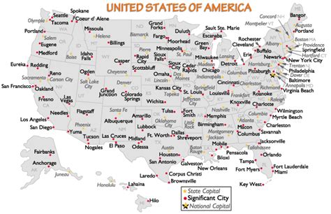 United States Major Cities and Capital Cities Map