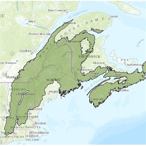 1. Map of the Acadian Region. The dark green represents the Acadian... | Download Scientific Diagram