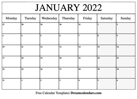 January 2022 Calendar - Free Printable with Holidays and Observances