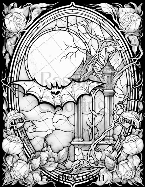 70 Halloween Stained Glass Grayscale Coloring Pages Printable for Adul ...