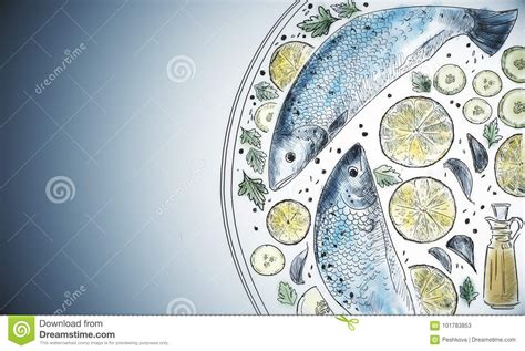 Colorful fish dish drawing stock illustration. Illustration of copyspace - 101783853