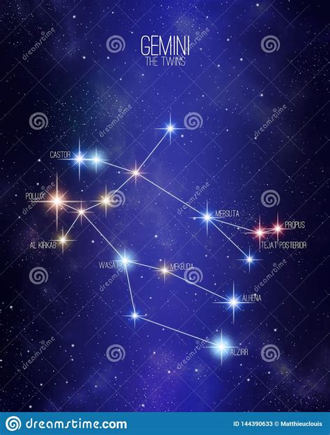 Gemini The Twins Zodiac Constellation Map On A Starry Space Background ...