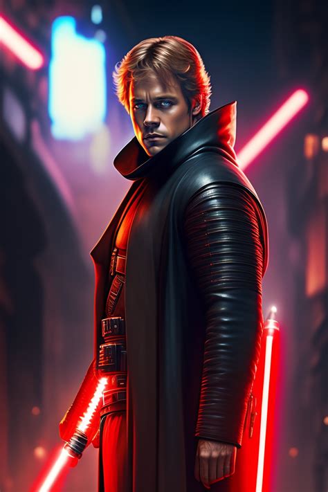 Lexica - Luke Skywalker as a dark jedi with a red lightsaber, tattoed, cyberpunk slum in space ...