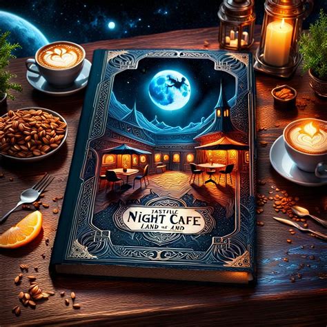 Fantasy Book cover of Night Cafe Land on mockup intricate details,((Write the words "Night Cafe ...