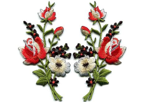 Embroidered flower Patch Black & red roses pair flowers