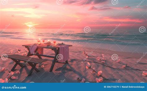 Sea Picnic Experience, Set Up an Outside Table at Sunset on the Beach, in the Style of Pink and ...