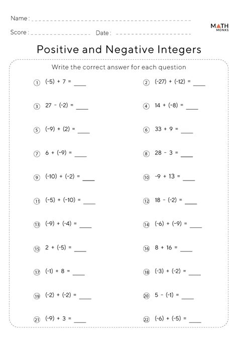 Integers Worksheets - Math Monks