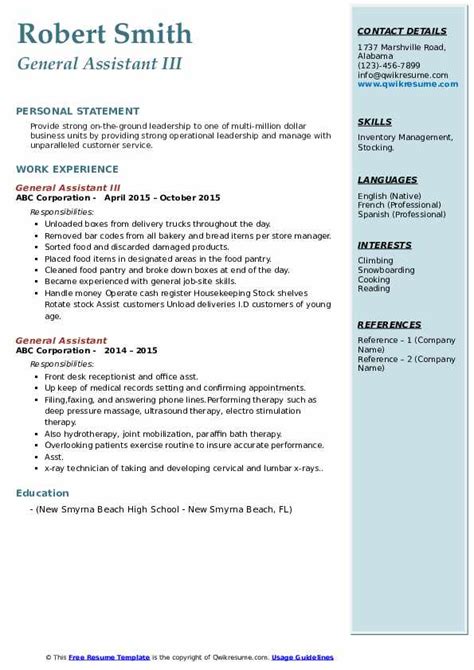 General Assistant Resume Samples | QwikResume