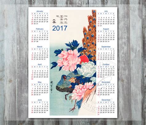 2017 Printable DIY Year Calendar Japanese watercolor Peacock Asian Flower, Bird wall art 8x10 ...