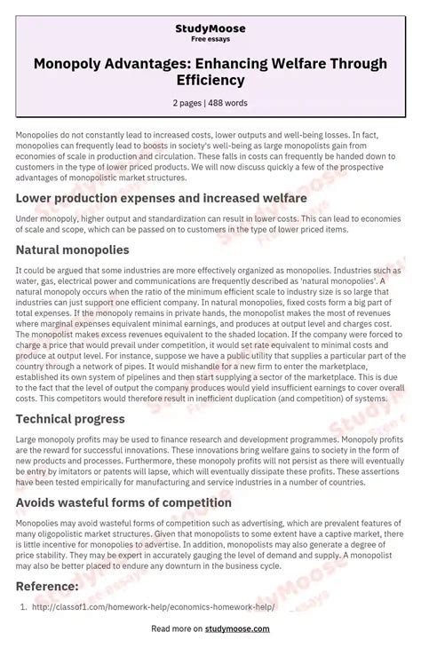 Monopoly Advantages: Enhancing Welfare Through Efficiency Free Essay ...