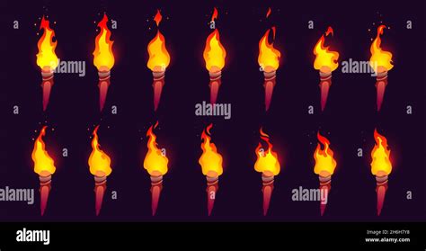 Burning fire on old wooden torch isolated on black background. Vector ...