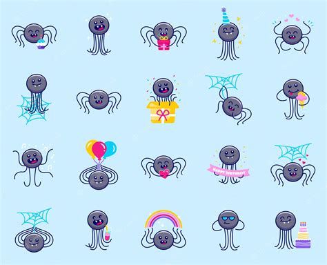 Premium Vector | Cute spider emoji Set of birthday spiders with eyes ...