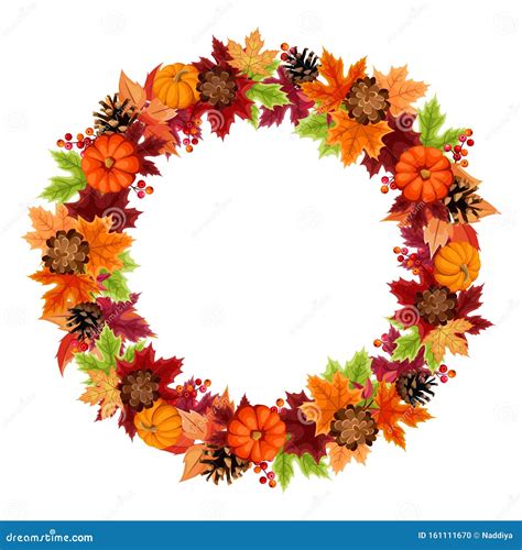 Autumn Wreath with Pumpkins and Colorful Leaves. Vector Illustration. Stock Vector ...