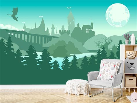 Wizard's Castle Wallpaper Nursery Removable, Mountains and Pine Tree Wall Mural for Kids Self ...