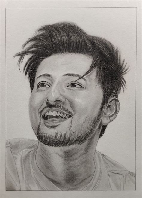 a pencil drawing of a smiling man with his hair in the air and eyes closed