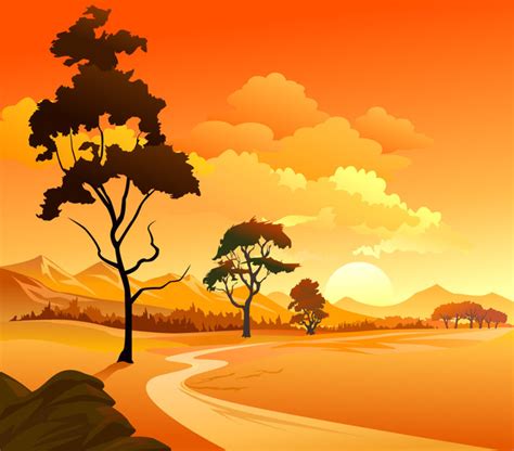 Free Vectors: Mountainside Landscape Sunset Background | Vector Background