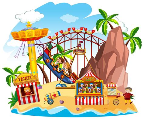 Themepark scene with many rides on the island 1500811 Vector Art at ...