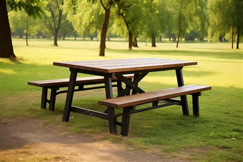 Premium AI Image | a picnic table in a park with trees in the background