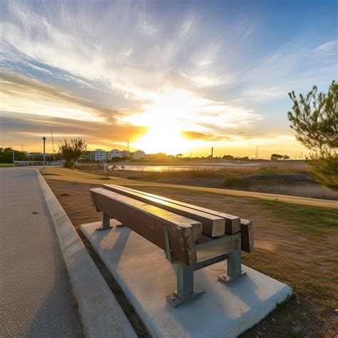 Premium AI Image | Wooden bench in the park at sunset beautiful nature landscape