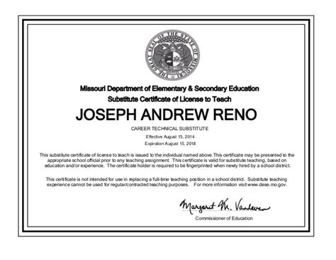 Missouri Substitute Teacher Certificate - Joseph Reno