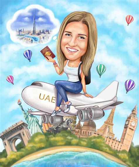 🎨 Hand Drawn Travel Caricature for a Woman on an Airplane Fully ...