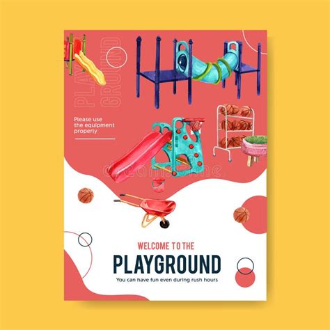 Playground Poster Design with Tunnel, Basketballs, Slide Watercolor ...