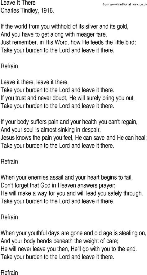 Hymn and Gospel Song Lyrics for Leave It There by Charles Tindley