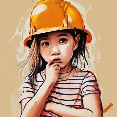 Asian 4-year-old girl wearing a construction helmet
