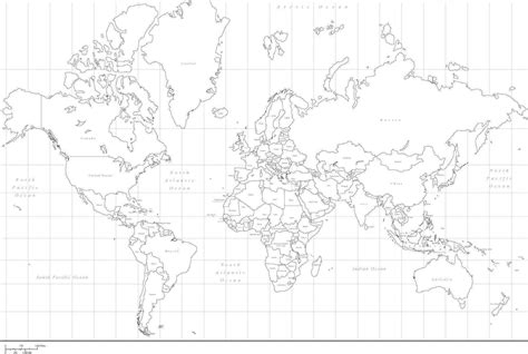 World Black & White Mercator Projection World Map with Countries