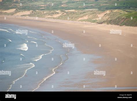 Long beach, surf, waves, Rhossili Beach, Gower Peninsula, Wales, UK ...