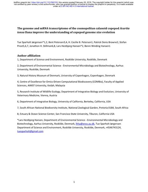 The Genome and Mrna Transcriptome of the Cosmopolitan Calanoid Copepod Acartia Tonsa Dana ...