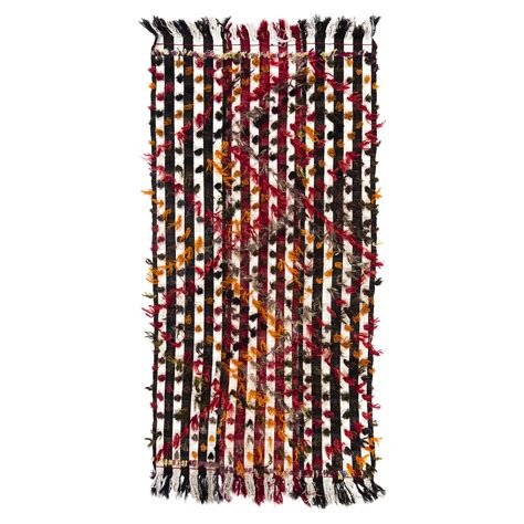 4.2x8.6 Ft Banded Tribal Kilim Rug with Colorful Poms, Bed Cover, Wall Hanging For Sale at 1stDibs
