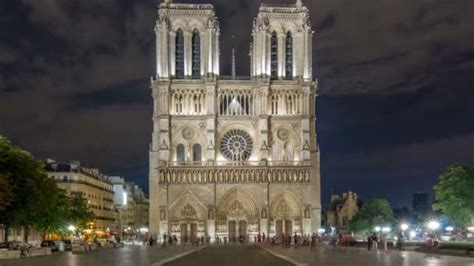 Night View of Notre Dame de Paris timelapse, France and square in front ...