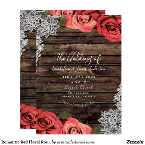 Romantic Red Floral Roses Rustic Wood Lace Wedding Invitation | Zazzle | White lace wedding ...