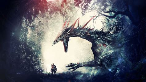 dragon, artwork, forest, video games, Dragon Age: Origins, knight, warrior, fantasy art, HD ...