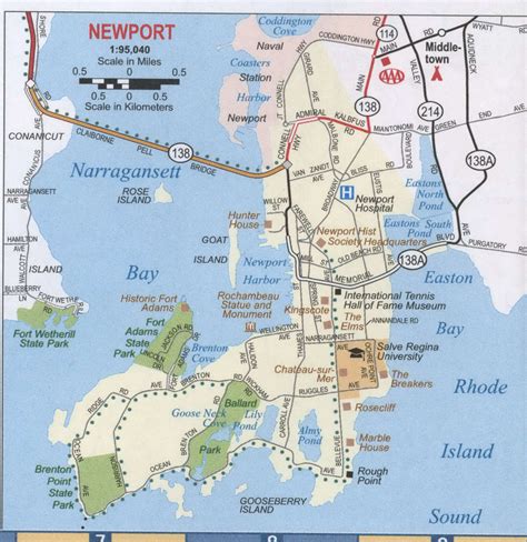 Newport RI roads map, highway Newport city and surrounding area