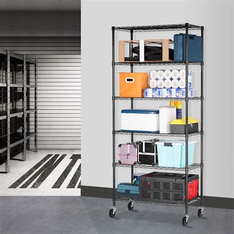 LANGRIA 6 Tier Wire Shelving Garage Shelving Storage Rack Metal Shelves with 4 Rolling Swivel ...