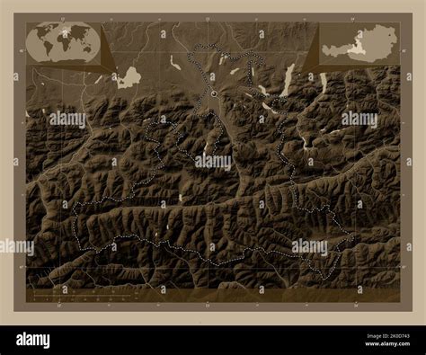 Salzburg, state of Austria. Elevation map colored in sepia tones with ...