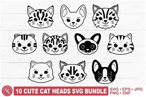 Cute Cat Face Outline SVG Bundle, Kitten Head, Kawaii Animal