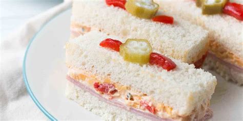 Ham and Pimento Cheese Tea Sandwiches with Pickled Okra Garnish | Pinch ...