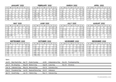 2022 PDF Yearly Calendar With Holidays - Free Printable Templates