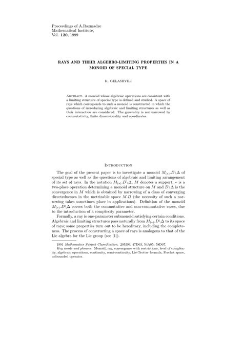 (PDF) Rays and their algebraic-limiting properties in a monoid of special type