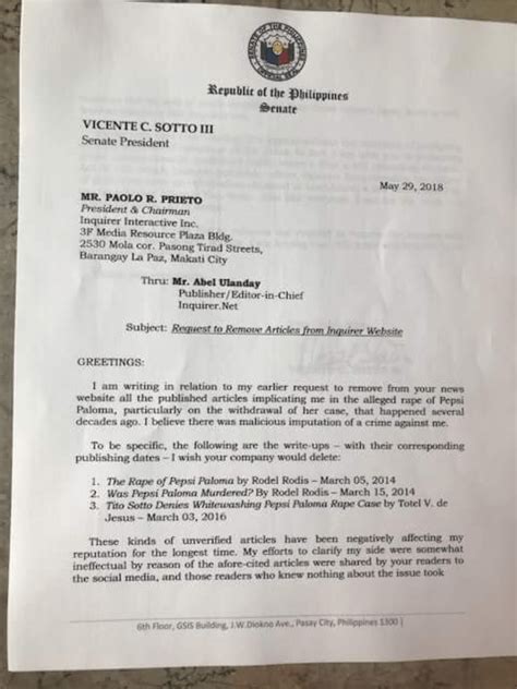 LOOK: Senator Tito Sotto request Inquirer to remove articles linking him to the Pepsi Paloma ...