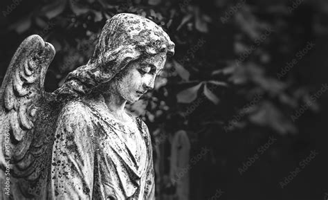 angel statue in cemetery, beautiful tombstone. sad angel. concept of memory, religion ...